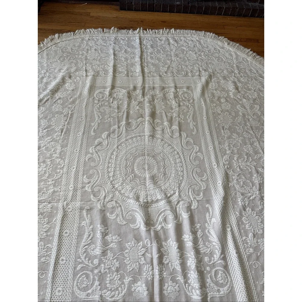 vintage bates Queen Elizabeth Bedspread  Embroidered Beige/ Off-White 110 X 80